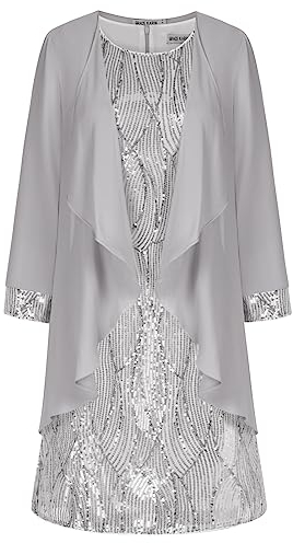 GRACE KARIN Damen Knielang Abendkleider mit Pailletten und Rundhalsausschnitt Sexy Party Ärmelloses Zweiteiliger Sommerkleid Silber Weiß L
