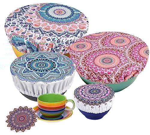PHOGARY 5 Couvercles de Bol Réutilisables, Couvercles en Tissu Imperméables pour Le Bol à Salade en Verre, Le Pot, Les Melons (Fit 2.7-14 Pouces), la Bordure Élastique (Motif Mandalal A)