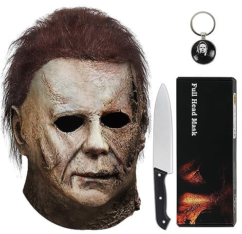 Noufun Michael Myers Maske für Erwachsene - Halloween Ends 2022, Vollkopfmaske Halloween Horror Gesicht Kopfbedeckung Latex Gummi mit Haaren, Inklusive Messer und Schlüsselanhänger (2022)