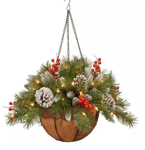 Artificial Christmas Hanging Basket with LED String Lights, Pre-Lit Christmas Hanging Plant Basket Artificial Flowers & Berry & Pine Cones Flocked with Mixed Decor for Front Door, Garden and Party