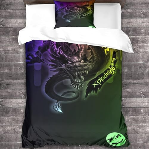 VOLDAX Bettwäsche-Set mit Drachenmotiv, weich, leicht, Mikrofaser, Fantasie-Bettbezug mit Reißverschluss, Einzelbett (135 x 200 cm)
