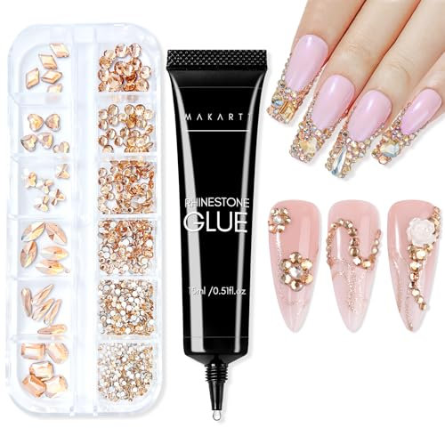 Makartt Nail Rhinestone Glue Gel Kit, 15g Super Adhesive Nail Gel with Nail Crystal Rhinestone, Nail Glue Gel Kit for Rhinestones Crystal Stones Jewels