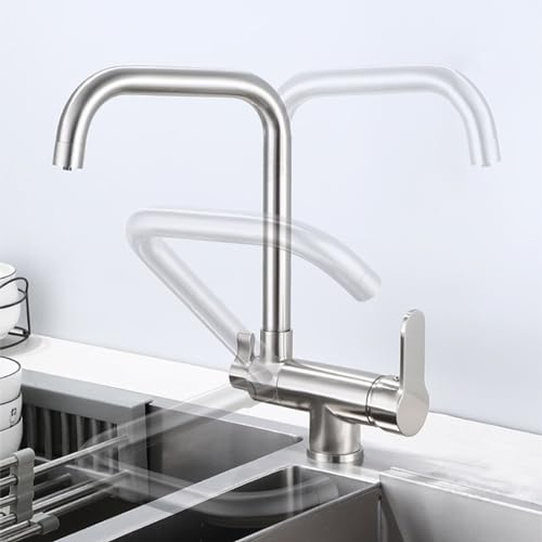 XJTNLB Rubinetto 3 Vie Sottofinestra Miscelatore Cucina 3 Vie Osmosi Rubinetto Girevole 360 Gradi Miscelatori Lavello Monocomando per Sistemi Osmosi,Spazzolato