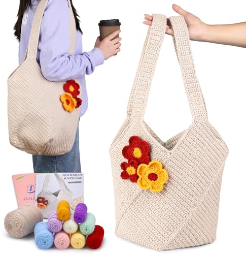 Deudy Häkelset für Anfänger Umhängetasche, Häckeln Stricken für Anfänger, Crochet Set Häkelset mit Garn Häkelnadel Häkelzubehör Werkzeuge, Häkelset für Anfänger Geburtstagsgeschenk (Weiß)