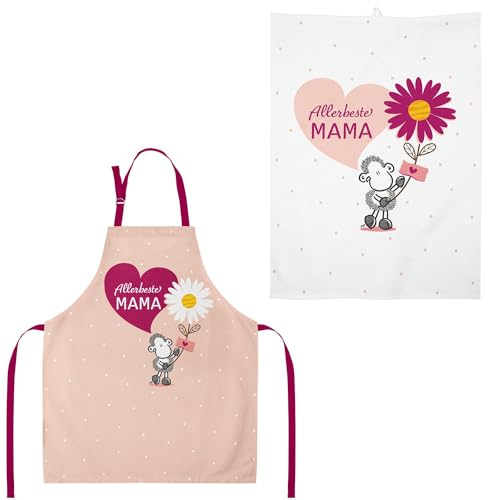 Sheepworld Schürze-Geschirrtuch-Set mit Motiv Allerbeste Mama | Geschenkset mit 1 Schürze und 1 Geschirrtuch, Baumwolle | Geschenk Mama, Muttertagsgeschenk, Geschenk für Sie | 48610