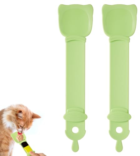 PEUTIER 2 Pzs Comedero para Gatos, Lindas Cucharas para Apretar con Forma de Cabeza de Gato Dispensador de Comida para Gatos 2 en 1 Cucharas de Comida para Gatos para Comida Húmeda (Verde)
