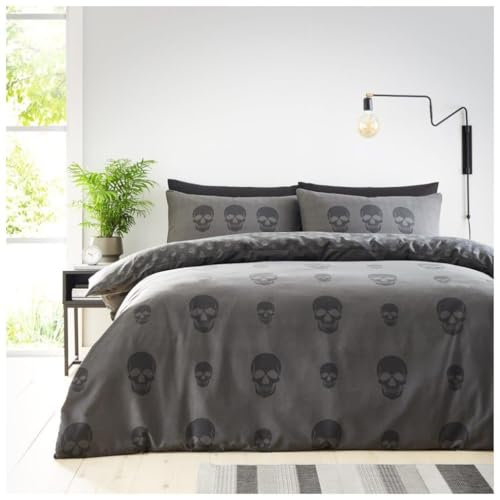 GC GAVENO CAVAILIA Skull Duvet Cover with Pillow Cases - Breathable Double Bed Set - Reversible Charcoal Quilt Covers Skull Bedding Sets