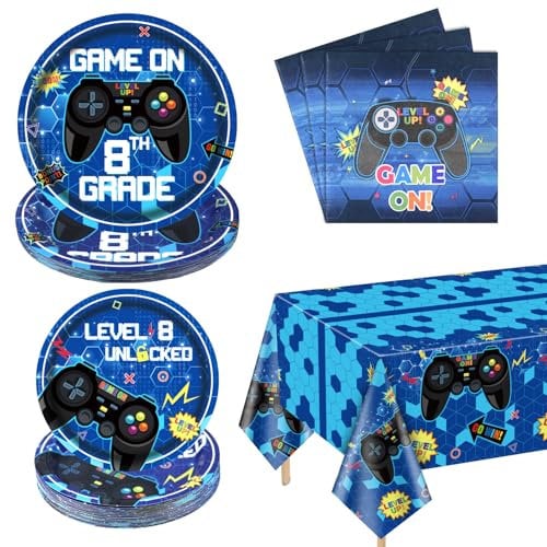 Lot De 61 Fournitures De Fête De Jeu Vidéo Pour 8e Anniversaire - Assiettes En Carton - Serviettes En Papier - Nappe De Jeu Vidéo - Fournitures De Fête Pour Garçon - 8e Anniversaire - Pour 20