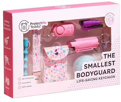 ProtectMe,Teddy! Selbstverteidigung Schlüsselanhänger mit Pfefferspray FULL SET 8pcs Kubotan, Alarm, Autonotfallhammer, VEGAN Geldbörse, PomPom, MODERN TERRAZZO Self Defense Keychain (M.T., Full Set)