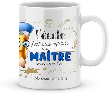 Mug personnalisé maître école, fin d'année scolaire, céramique blanc, prénom imprimé, fabrication française, expédition soignée
