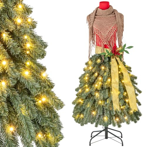 KOMFOTTEU Künstlicher Weihnachtsbaum mit Lichtern & Metall Basis, Schaufensterpuppe mit Christbaum, Schneiderpuppe aus PVC, Partybaum Weihnachtsdekoration für Geschäfte, Haus, Büro (Rot)