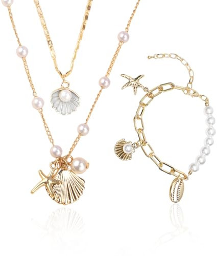 2-Teilige Muschelketten, 1-Teiliges Muschelarmband, Perlen-Muschelkette, Boho-Halskette, Muschelanhänger-Schmuck, Verstellbare Halskette, Strandurlaub-Schmuck
