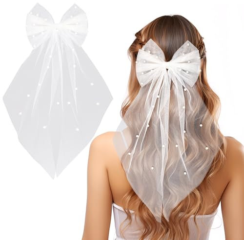 VZXQX Brautschleier Kurz, JGA Schleier Braut mit Perlen und Haarspange Weißer Elegante Tüll, Haarschleife Braut Schleier Softtüll für Junggesellenabschied Hochzeit Damen Mädchen Party Haarschmuck