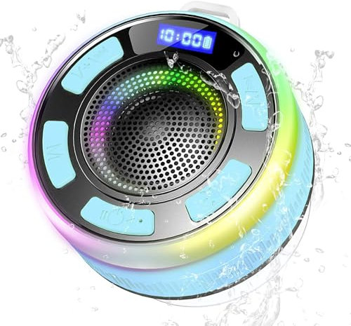 Altavoz Bluetooth Ducha, IP7 Impermeable Altavoz Ducha con Ventosa, Altavoces Inalámbrico Portátil con RGB Luz Colorida, 8 Horas Estéreo, Pantalla LED,USB-C, para Ducha Playa Hogar Piscina, Cian Claro
