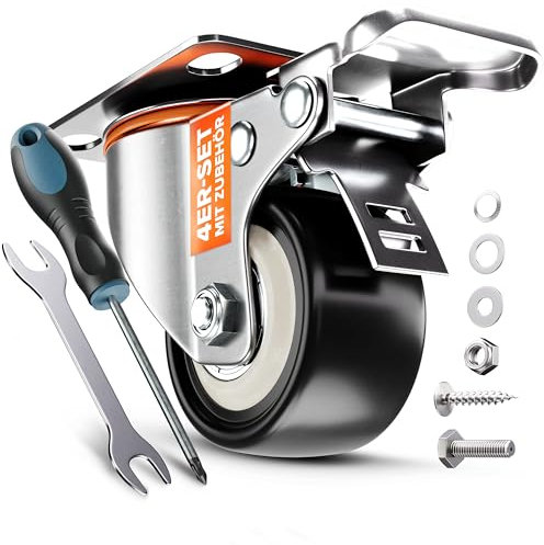 PEARWAY™ Premium Schwerlastrollen bis 320kg [4x Bremse] I Robuste Möbelrollen I Rollen für Möbel I Lenkrollen 50mm für Innen & Außen I Transportrollen Schwerlast I Rollen Schwerlast I Möbel Rollen