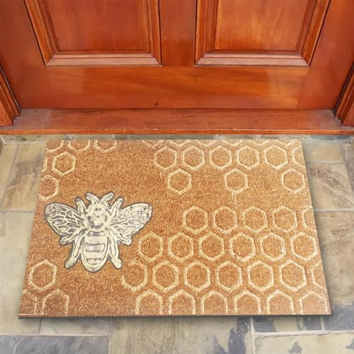 Vapinity Large Coir Door Mat 45 x 75cm Embossed Bee Print – Natural Coconut Fibre, Front Door Welcome Mat with Non-Slip Backing, Durable Eco-Friendly Dirt Trapper Boot Scraper Outdoor