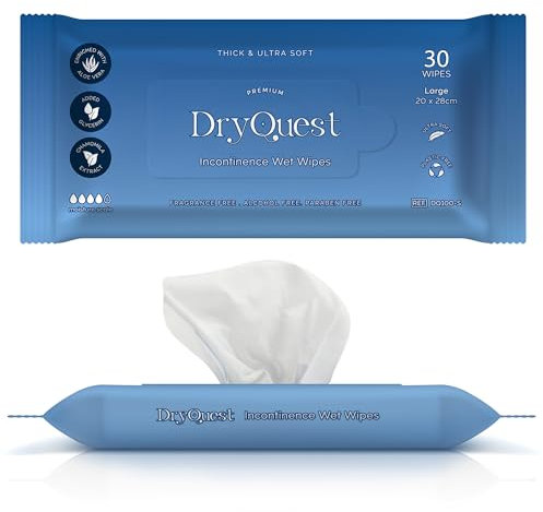 DryQuest Incontinence Wet Wipes, Pack of 30 Travel Wipes- Versatile, Soft & Moist, Fragrance and Alcohol Free - Formulated for Sensitive Skin for Adults with Aloe Vera & Chamomile Extract (20 x 28 cm)