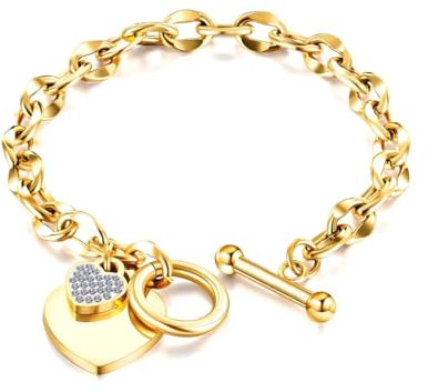 MGJ™ Crystal Heart Charm Toggle Bracelet for Women – Hypoallergenic Silver/Rose Gold Jewellery Gift for Her | Includes Premium White Gift Box (Gold)