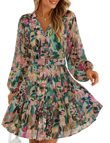 ZESICA Womens 2026 Fall Long Sleeve Floral Mini Dress Green S | Button Down,Chiffon,Short Dress,A Line Swing Dress,Wedding Guest,Cocktail Party,Holiday,Travel,Casual Dresses,Fashion Clothes