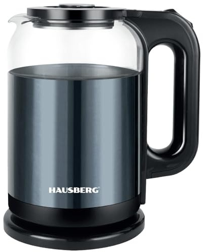 Hausberg Wasserkocher 2L – Edelstahl & Glas – 1800W, Kabellos, mit LED-Beleuchtung – Automatische Abschaltung & Trockengehschutz (Blau)