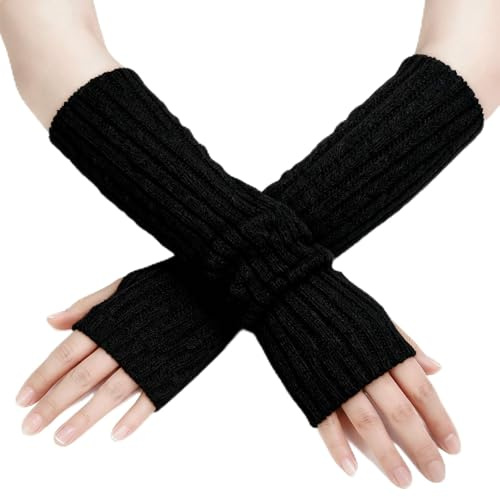 QINQINZIJIN Winter Armstulpen Damen, Lange Fingerlose Handschuhe, Winter Gestrickte Handstulpen, Weiche Arm Stulpen, Warme Gestrickte Armwärmer, für Damen Herren (Schwarz)