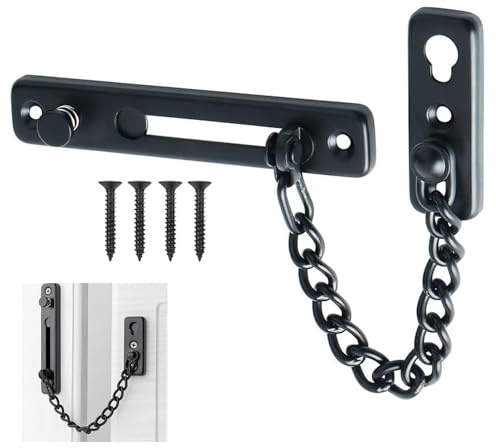 Door Chain Lock,Stainless Steel Door Chain Locks with Safety Spring,Black Chain Lock with Screws,17CM Anti-Theft Push Closure Door Locks,Heavy Duty Latch Chain Lock for Door Security(Black）