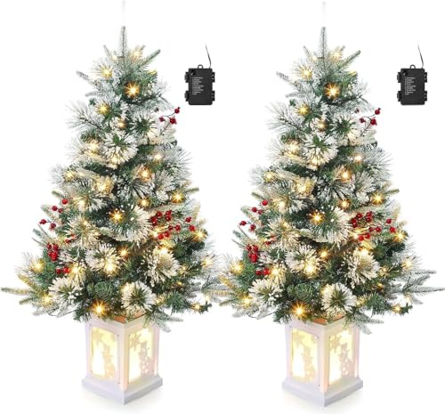 Juego de 2 árboles de Navidad pequeños de 90 cm con 78 Luces LED Blancas cálidas y Caja de luz de muñeco de Nieve, más de 160 Puntas de Rama, Color Verde, decoración navideña