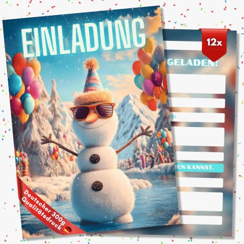 HIDEBLOOM Schneemann Einladungskarten Kindergeburtstag Mädchen und Junge - 12 Stück - DIN A6 (10,5 cm x 14,8 cm) - Geburtstagseinladungen Einladungskarten Geburtstag - Einladung Schneemann Winter