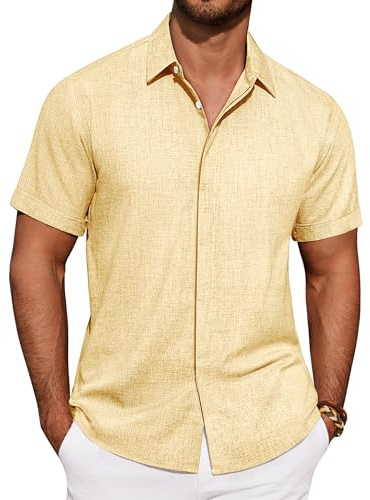 Lusead Mens Linen Shirt Short Sleeve Button Down Shirt Casual Beach Vacation Cruise Summer Wedding Shirts, Yellow, 3XL