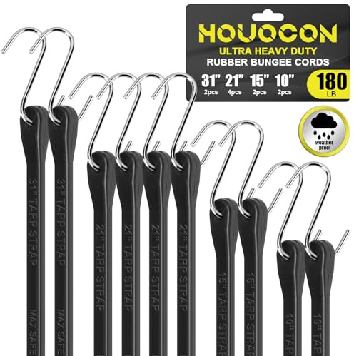 Bungee Cords with Hooks, Heavy Duty Rubber Straps 30/21/15/10 10 Pack | 304 Stainless Steel S-Hooks, 1.5X Stretch & 180 Lbs Load, Weatherproof for Truck, Tarp, Motorcycle, Camping, Outdoor