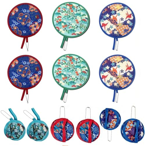 6Pcs Hand Fan Folding,Chinese Japanese Style Foldable Fan,Round Folding Fan,Summer Handheld Folding Fans Beautiful Patterns For Wedding Party Home Decor (Elegant Colors)