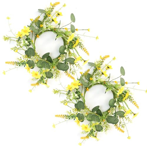 Frühlings-Kerzenringe, 2 Stück, künstliche Blumenkränze mit gelben Gänseblümchen und Eukalyptus für Kerzen, Tischdekoration, Wanddekoration, Bauernhaus-Heimdekoration, Kranz, Ringe