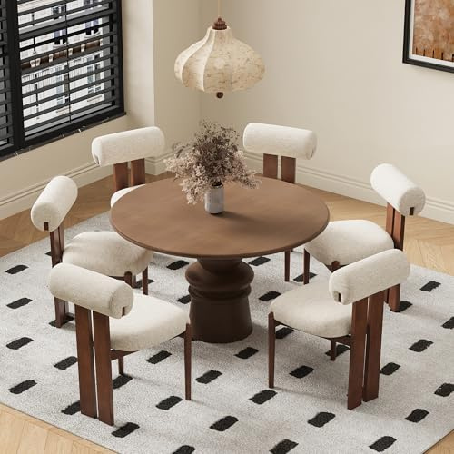 MALOL Esszimmerstühle 6er Set, Polsterstuhl Essstühle mit Holzbein, Mid-Century Modern Stoff Esstisch Stühle mit Fester Rückenlehne für Esszimmer, Küche, Restaurant, Mit dunkelbraunen Beinen, Beige