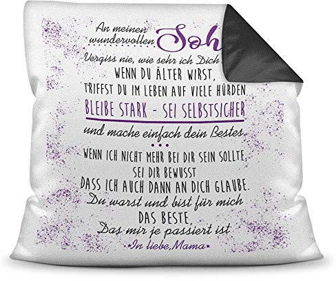 Tassendruck Familie-Kissen für den Sohn mit Spruch - Geschenk, Kinder | Farbkissen Schwarz, Mama für den Sohn, Kissenbezug inklusive Kissen, Verwandte, Liebling, Keramik