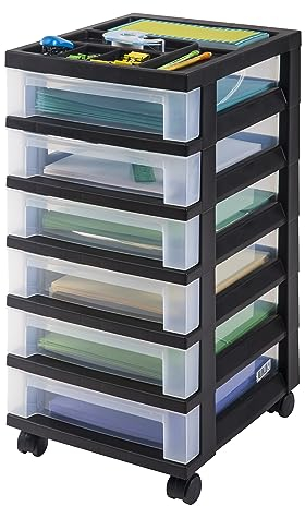 IRIS Plastic Storage, Rolling Cart with Organizer Top, Black, 6 Drawer