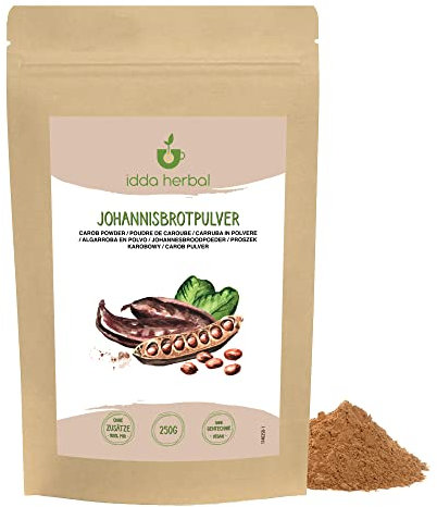 Poudre de Caroube 250g, Gousses de Caroube Séchées et Moulues, Édulcorant Naturel pour Pâtisseries, Desserts et Chocolat à la Caroube, Farine de Caroube, Poudre de Caroube Noire