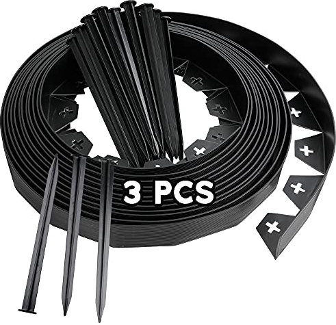 JonesHouseDeco Flexible Rasenkante aus Kunststoff, 30 m (3 x 10 m), 4 cm hohe Landschaftskante, einfache Installation, kein Graben, schwarze PVC-Einfassung, Trennwände mit 150 Erdspießen, K630A00