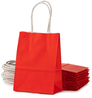 Kleine rote Papiertüte mit Griff, Partygeschenktüte, 15,2 x 11,4 x 6,3 cm, für Hochzeit, Geburtstag, Valentinstag, Weihnachten, Neujahr, Halloween, Abschlussfeier, recycelte Tasche, 24 Stück