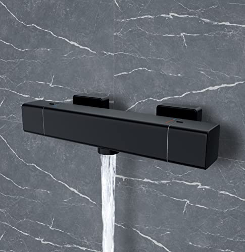HOMVIVA® Thermostatische Duscharmatur, Moderner quadratischer Wandmontage,Messing-Umstellventil, Anti-Verbrühungs-Heiß-Kaltwassermischer, intelligente konstante Temperaturregelung, Schwarz