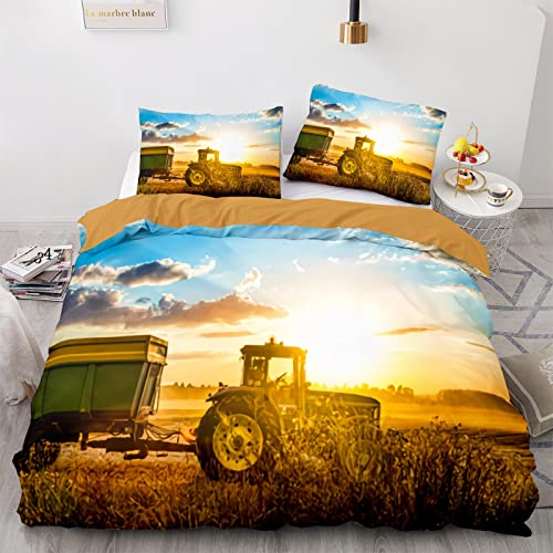 RFFLUX Traktor Bettwäsche 155x220 cm 3teilig mit Reißverschluss 3D LKW Bettwäsche Sets Warme Winter Sommer Weich und Angenehme Mähdrescher Bettbezüge mit 2 Kissenbezug 80x80 cm für Teenager