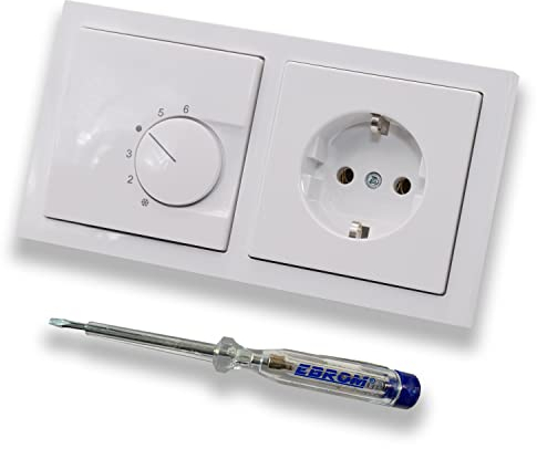 Halmburger UP Raumthermostat Raumtemperaturregler RTR-6210sg in Busch Jäger Future Linear Studioweiß Rahmen 1722-184K + Steckdose 20EUC-84 inkl. EBROM Phasenprüfer zur Montage der Geräte RTR-6210 (sg)