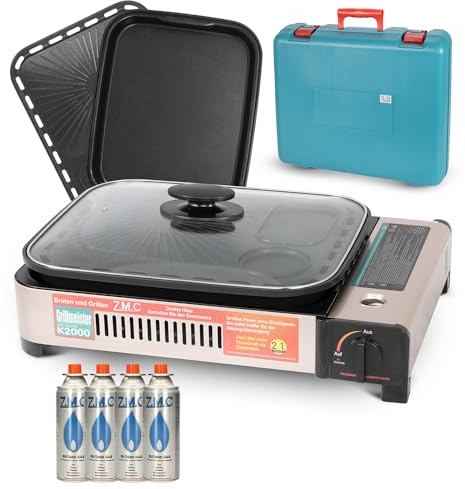Z.M.C 2-in-1 tragbarer Gaskocher & Gasgrill 2,1kW mit 4x Gaskartuschen 227g inkl. Grillplatte, Pfanne, Glasdeckel & Koffer – Campingkocher & Tischgrill mit Piezo-Zündung für Outdoor, innen & außen