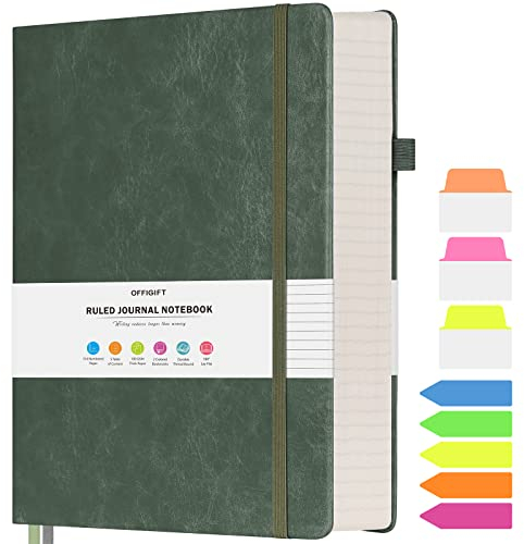OFFIGIFT Notizbuch B5 liniert, Hardcover Tagebuch mit 312 Nummerierten Seiten, 100g/m² Tintenfestes Papier Dickes Notizbücher, Leder Tagebuch für Erwachsene Frauen Männer, 19,3 x 26,4 cm, Grün