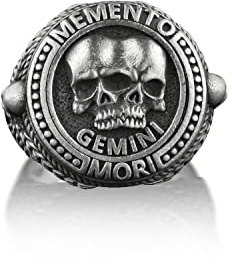 BySilverStone Jewelry Silberring Für Herren – Sternzeichen-Ring Zwillinge Memento Mori, Gothic-Ring Mit Zwillingsschädel Für Freund, Siegelring Für Herren In Silber, Punk-Ring, Geburtstagsgeschenk