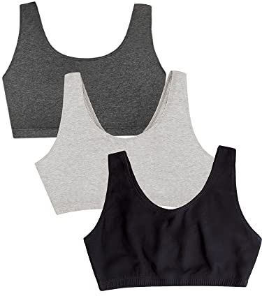 Fruit of the Loom Women's Cotton Tank Bra Ultimate Comfort & Breathable Fit Sports, Opaque, Black/Heather Grey/Charcoal, 36 (Pack of 3)