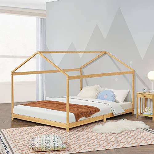 [en.casa] Kinderbett Vindafjord 120 x 200 cm Bettenhaus Spielbett Juniorbett Bettgestell mit Lattenrost aus Bambus in Haus-Optik