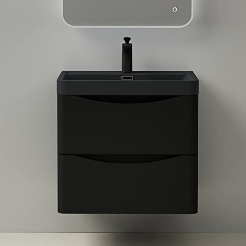 Mai & Mai Badmöbel Set Waschtisch mit Unterschrank Waschbeckenunterschrank mit Softclose Schubladen inkl. Waschbecken 60cm in Matt Schwarz Smile