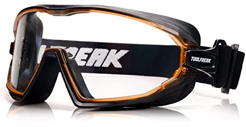 ToolFreak Schutzbrille, mittlere Größe, passend für UKCA, UKNI, CE EN166 B für Stöße und filtert 99,9 % UVA/UVB, direkt belüftet, ölabweisende Gläser, inklusive Etui (transparente Gläser)