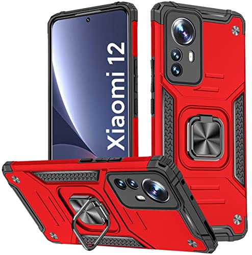 KANSi Hülle für Xiaomi 12 / Xiaomi 12X, Silikon TPU Hart PC Handy Hüllen 360 Grad Drehbar Ringhalter Bumper Stoßdämpfung Schutzhülle - Rote
