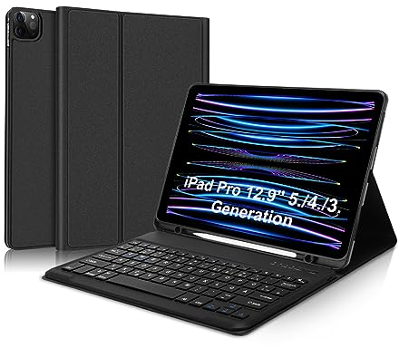 IVEOPPE Tastatur iPad Pro 12.9 - iPad Pro 12.9 Hülle mit Tastatur, Bluetooth QWERTZ Magnetische Abnehmbare iPad Pro Hülle mit Tastatur für iPad Pro 12.9 (6./5./4./3. Gen) 2018-2022, Schwarz